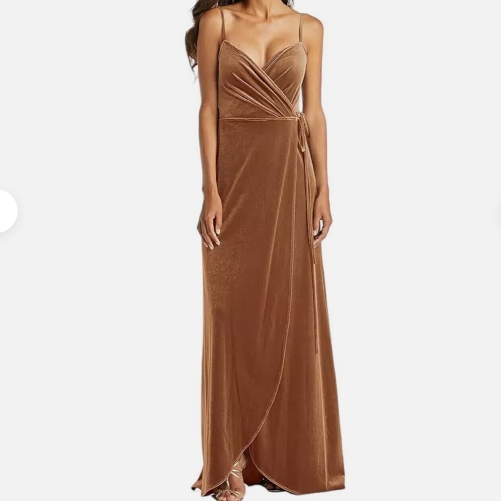 After Six 1536 Golden Almond Tan Velvet Wrap Maxi Evening Dress Pockets Small